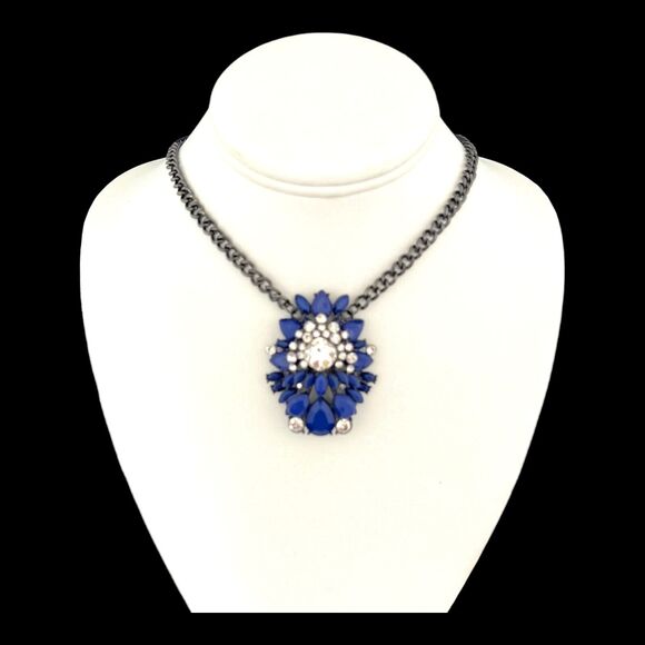 New Designer Statement Necklace Hematite Tone Blue Stones Crystal Accents 4A - Picture 2 of 5